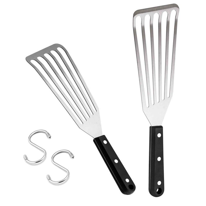 HaSteeL Fish Spatula Set of 2, HaSteeL Stainless Steel Slotted Spatula Turner with Riveted Wooden Handle, Professional Metal Spatulas Great for Kitchen Cooking Flipping Frying & Grilling, 2 x Hooks - Image 1